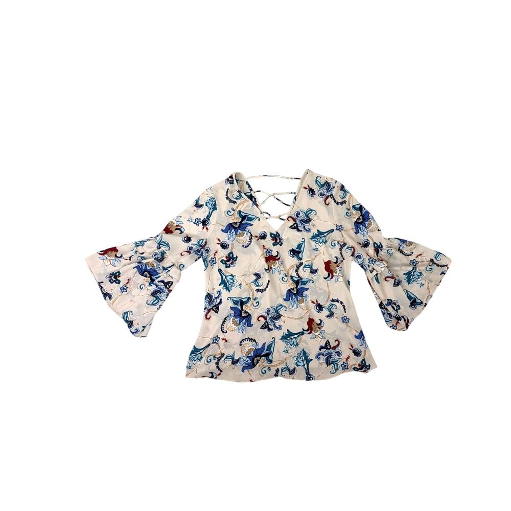 White House Black Market Floral Flowy Feminine Bell Sleeve Blouse Lace-up XS - Picture 3 of 5